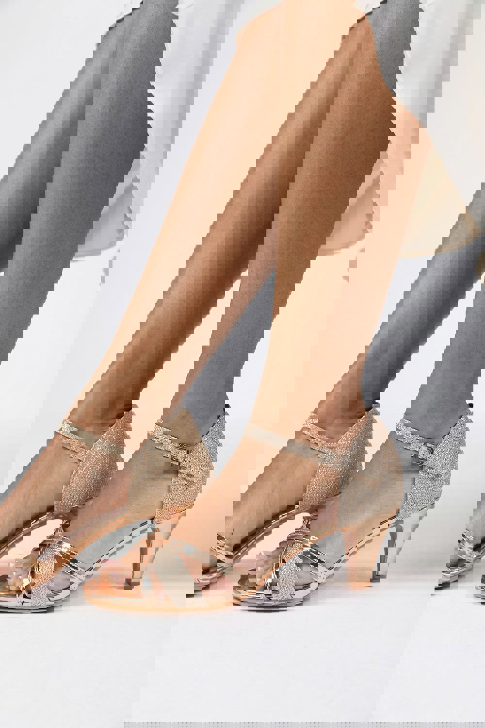 Where's That From Raelynn Mid High Heel With Buckle Ankle Strap in Champagne Gold Glitter