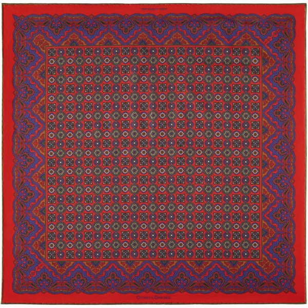 Millefiori silk pocket square in red, blue, green & white by Otway & Orford