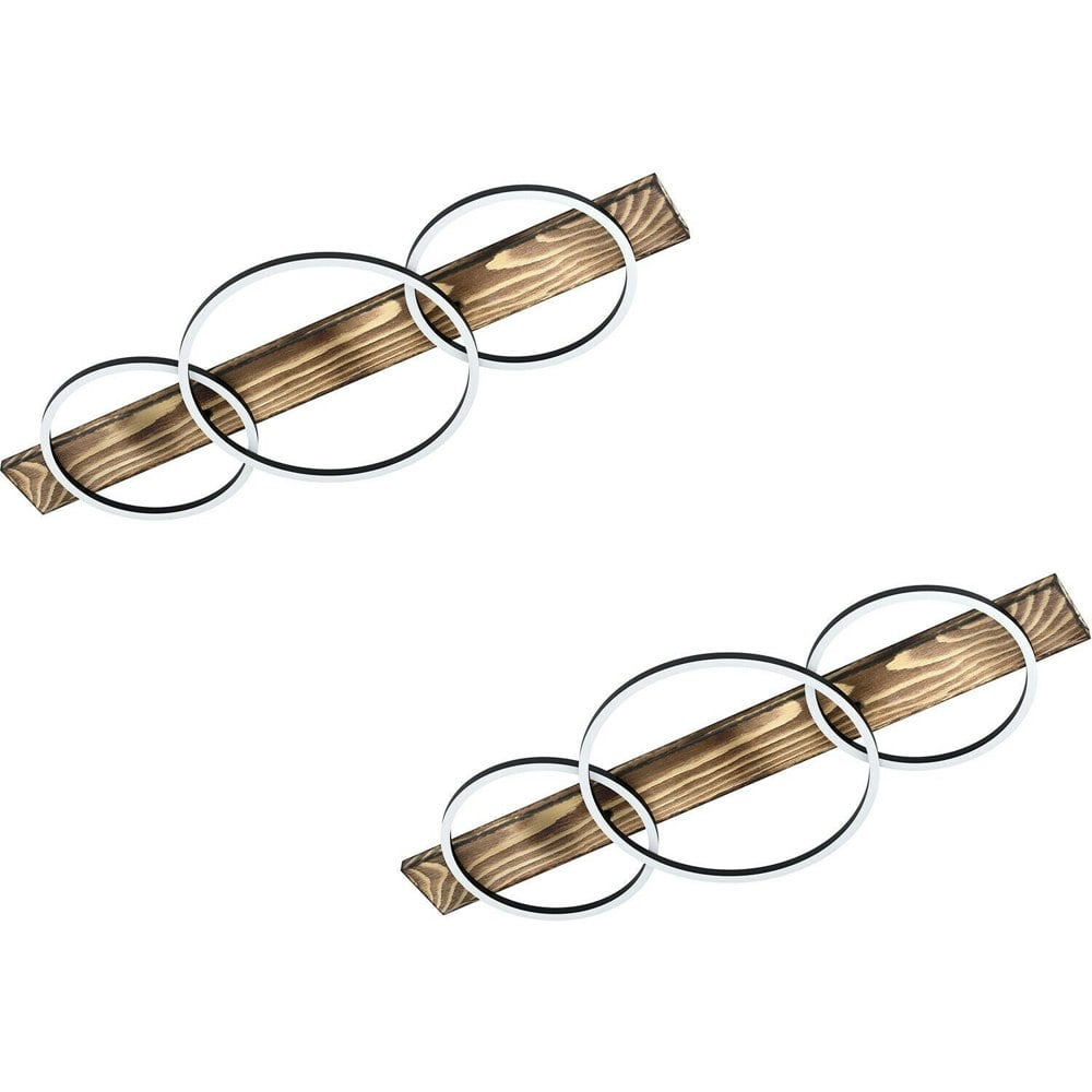 2 PACK Wall Flush Ceiling Light Black & Rustic Wood / White Shade Plastic LED Loops