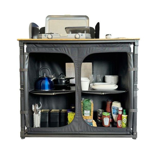 The OLPRO Deluxe Camp Kitchen With Double Cupboard pictured on a white background with cooking products and apparatus inside of it.