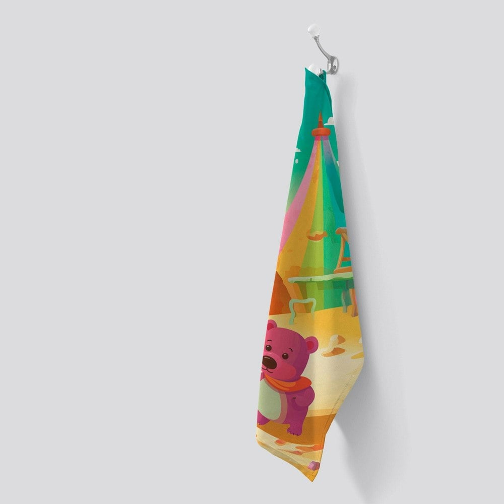 Warren Reed Purple Bear On A Beach Holiday Tea Towel