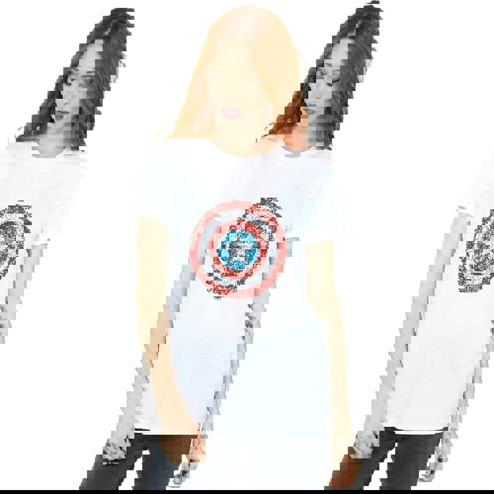Marvel Womens/Ladies Captain America Pixelated Shield Cotton Boyfriend T-Shirt - White