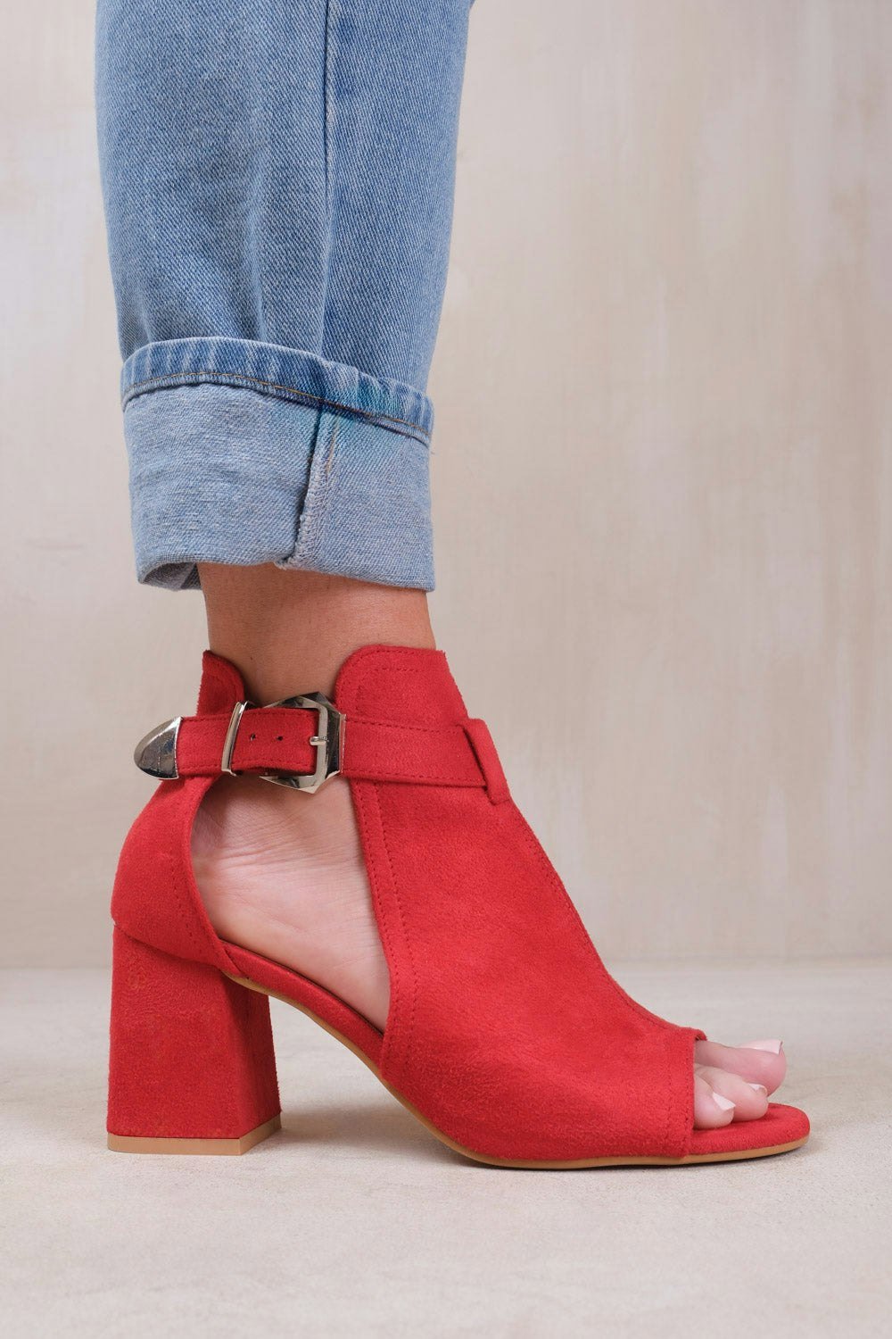 Where's That From Lisa Block Heel With Side Buckle and Open Toe Front in Rouge Red Suede