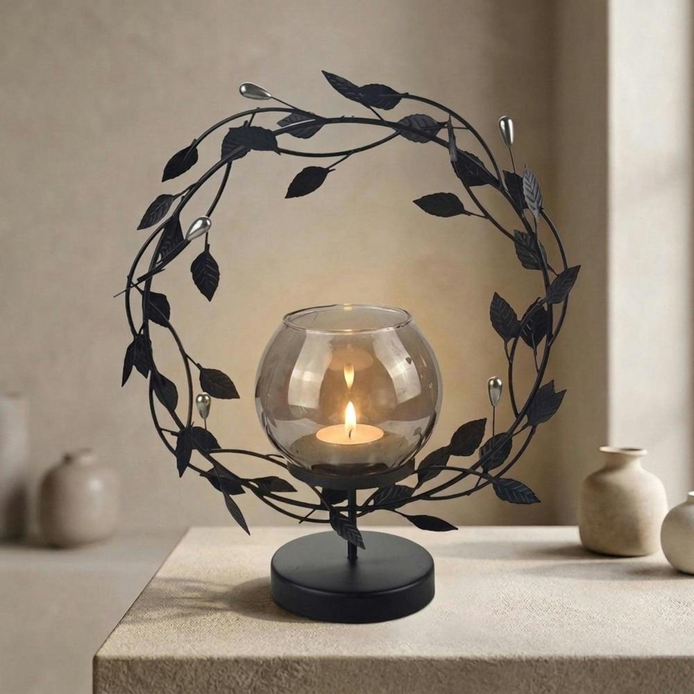 Garden Greatness Round Black Metal Leaf Tealight Holder