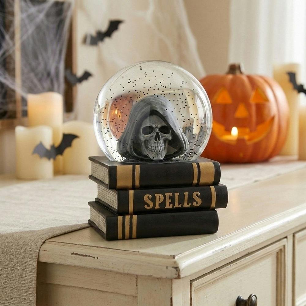 Garden Greatness Halloween Spells Skull Book Snow Globe
