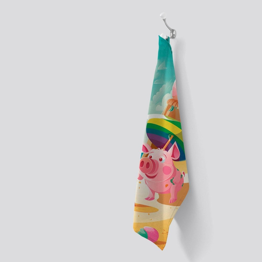 Warren Reed Piglet On A Beach Holiday Tea Towel