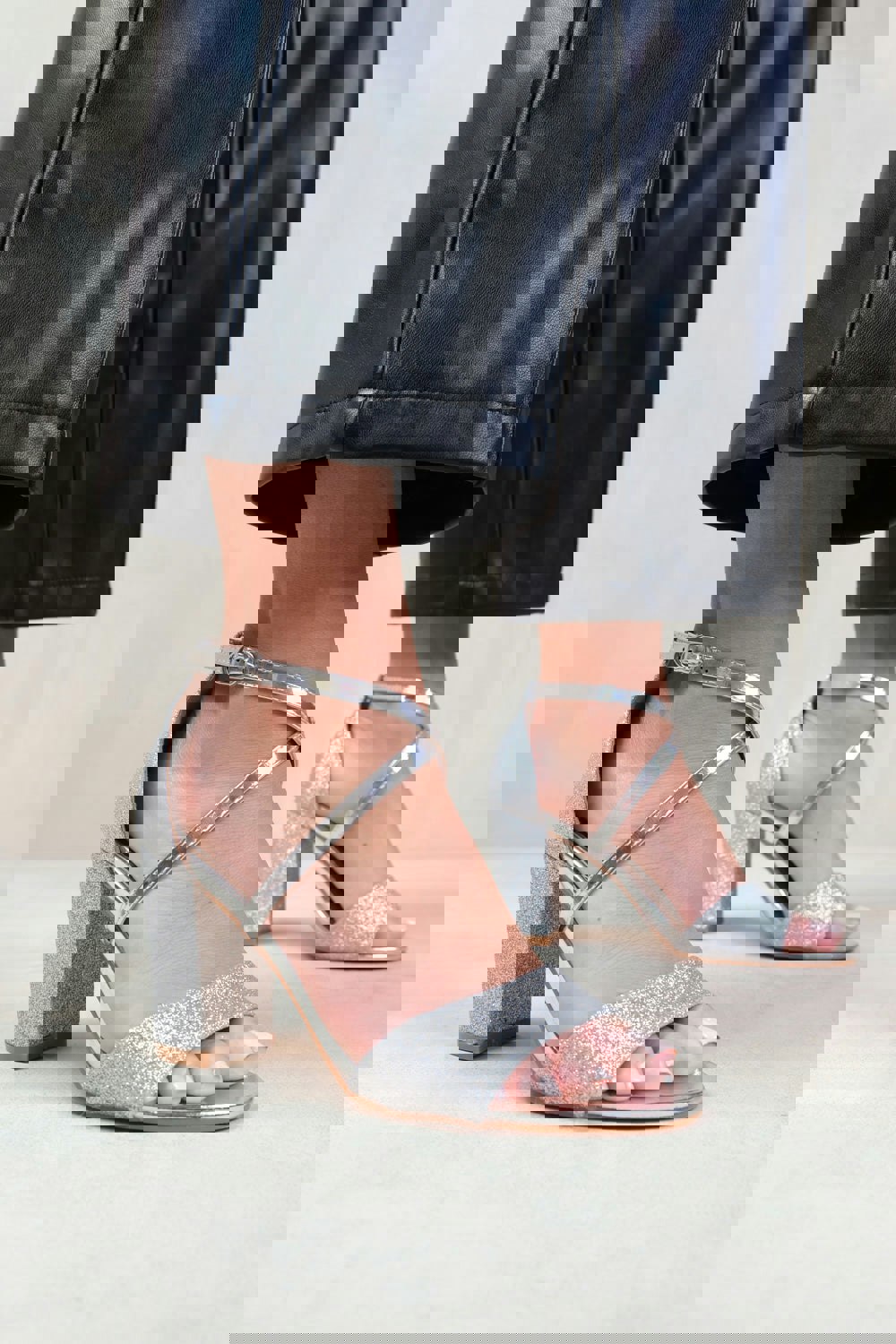 Where's That From Ruth Wide Fit High Block Heel Sandals With Cross Over Ankle Strap In Silver Glitter