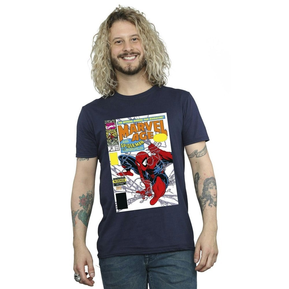Marvel Mens Spider-Man Marvel Age Comic Cover T-Shirt - Navy Blue
