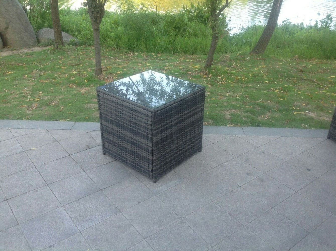 Fimous Grey Rattan Cube Side Table Tea Coffee Table Outdoor Garden Furniture Accessory