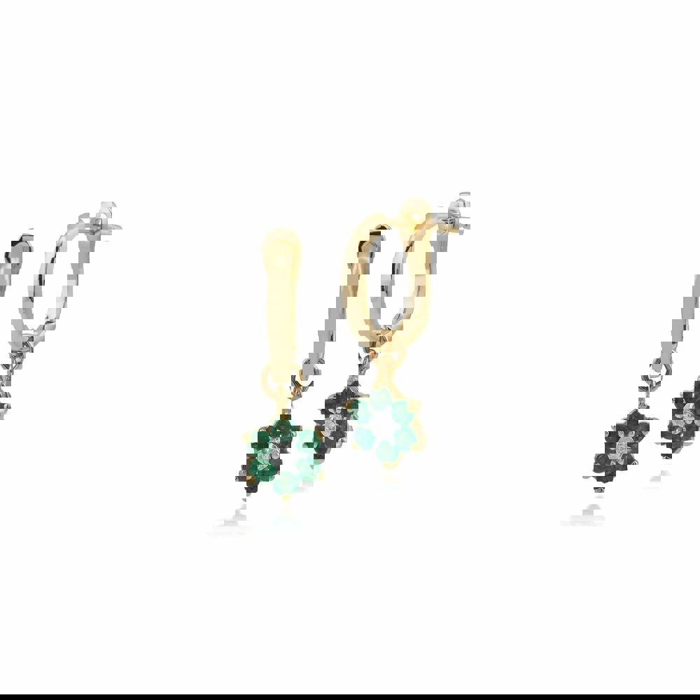 Floral Round Emerald & Diamond Omega Clip Hoop Earrings in 9ct Yellow Gold