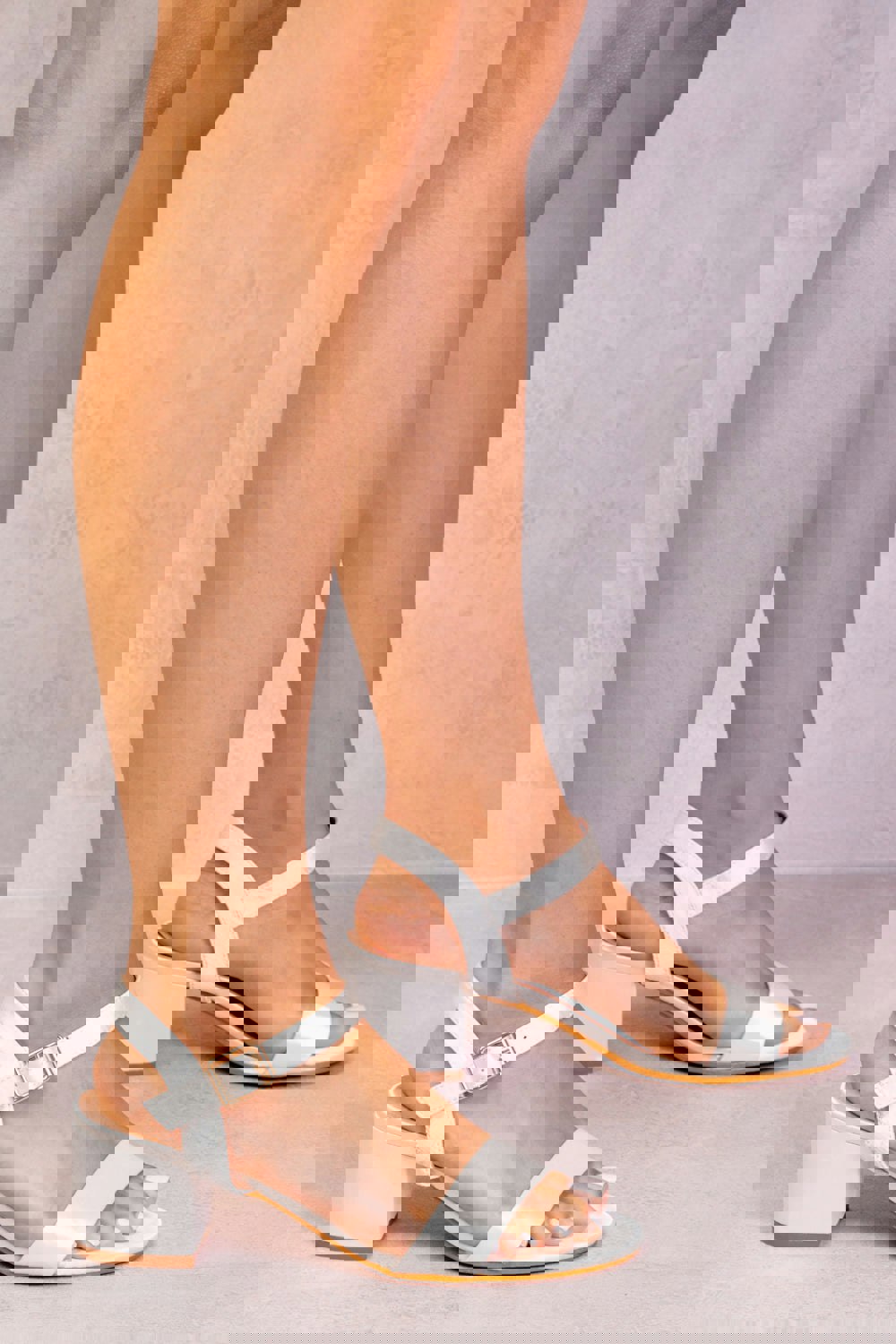 Where's That From Zephyr Strappy Mid High Block Heels Peep Toe in Off White Silk