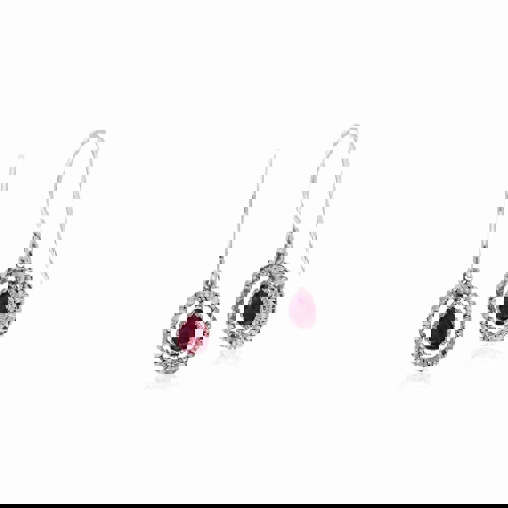 214E872801925 Classic Pear Ruby & Marcasite Round Halo Drop Earrings in 925 Sterling Silver 1