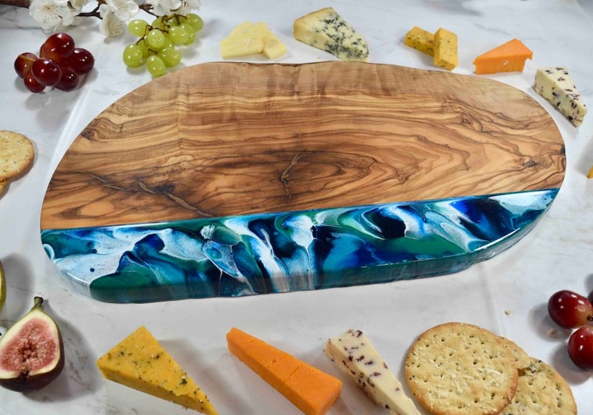 Large Rustic Olive Wood Board with Ocean Blue Resin Art 40cm