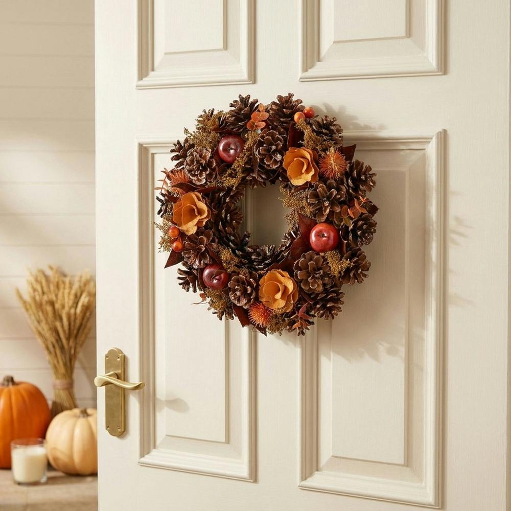 Garden Greatness Autumn Natural Flowers Apples and Cones Wreath