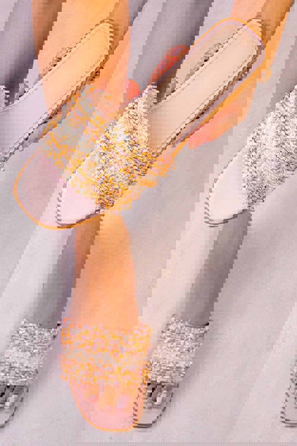 Where's That From Vacation Flat Slider Sandal With Woven Chain Detail in Blush Pink