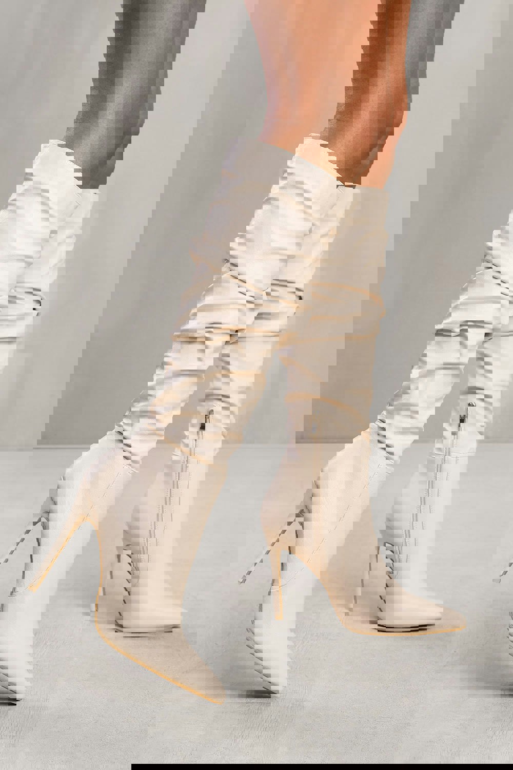 Where's That From Alessia Below Knee High Heel Slouch Boot in Cream Faux Leather