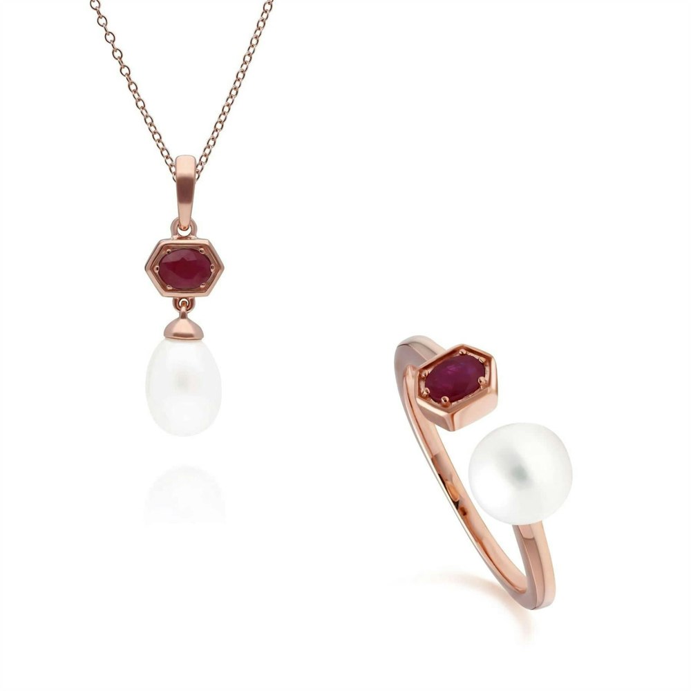 270P030402925-270R058902925 Modern Pearl & Ruby Pendant & Ring Set in Rose Gold Plated Silver 1