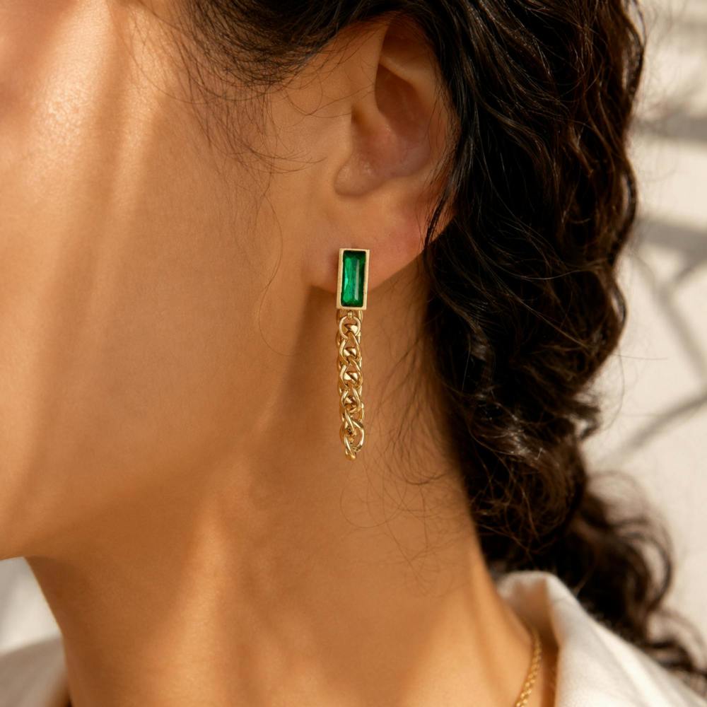 Chloe Earrings - 18K Gold Plated Stainless Steel Emerald Green Chain Drop Earrings