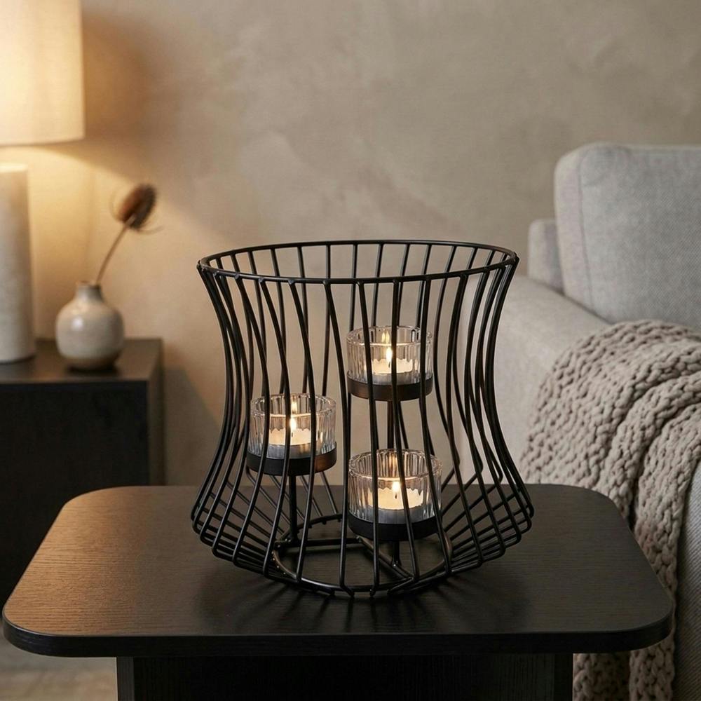 Garden Greatness Contemporary Black Metal Triple Tealight Holder