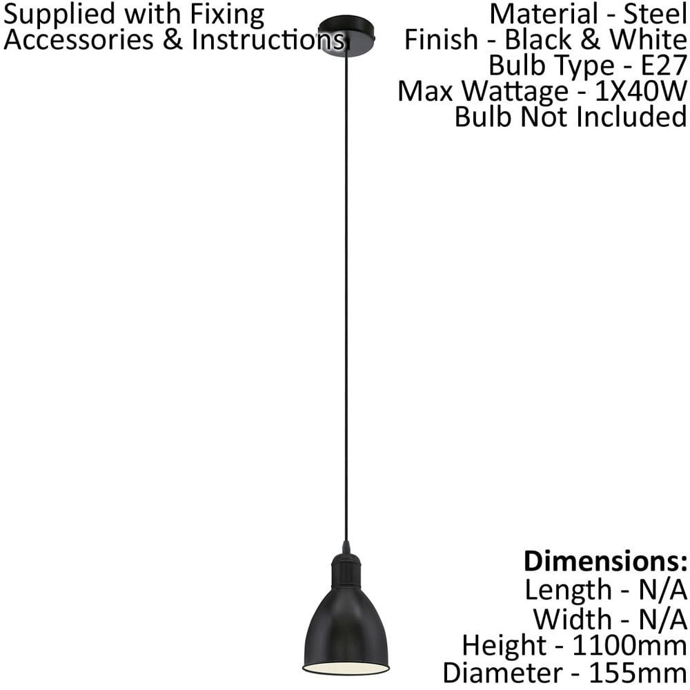 Hanging Ceiling Pendant Light Black & White Steel 1 x 40W E27 Bulb Loops