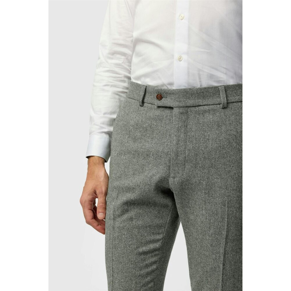 Antique Rogue Slim Fit Dark Grey Herringbone Tweed Trousers