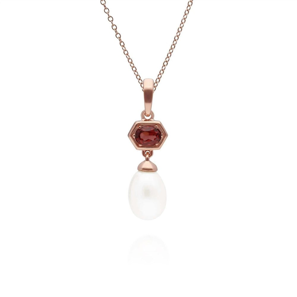 270P030407925 Modern Pearl & Garnet Hexagon Drop Pendant in Rose Gold Plated Silver 1