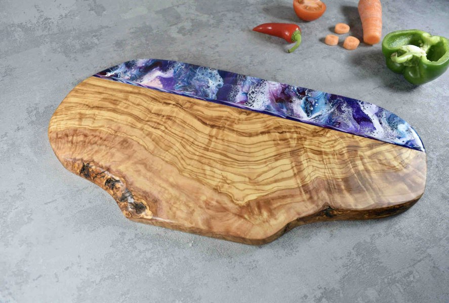 Large Purple Resin Art Olive Wood Cutting Board 40cm 