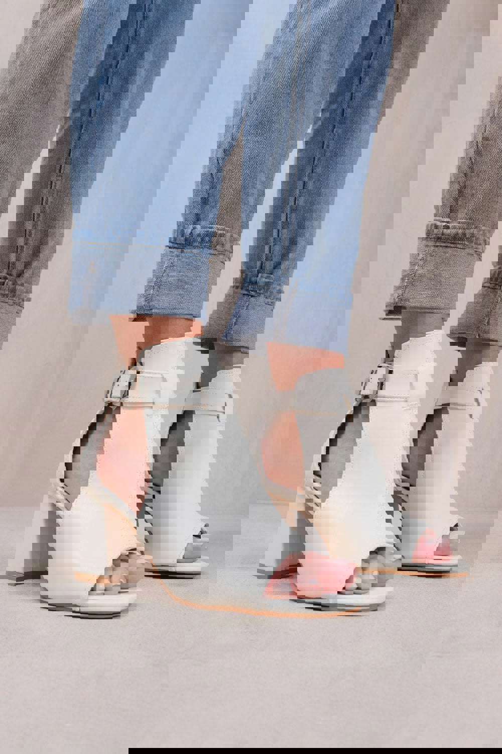 Where's That From Lisa Wide Fit Block Heel With Side Buckle and Open Toe Front in White Faux Leather