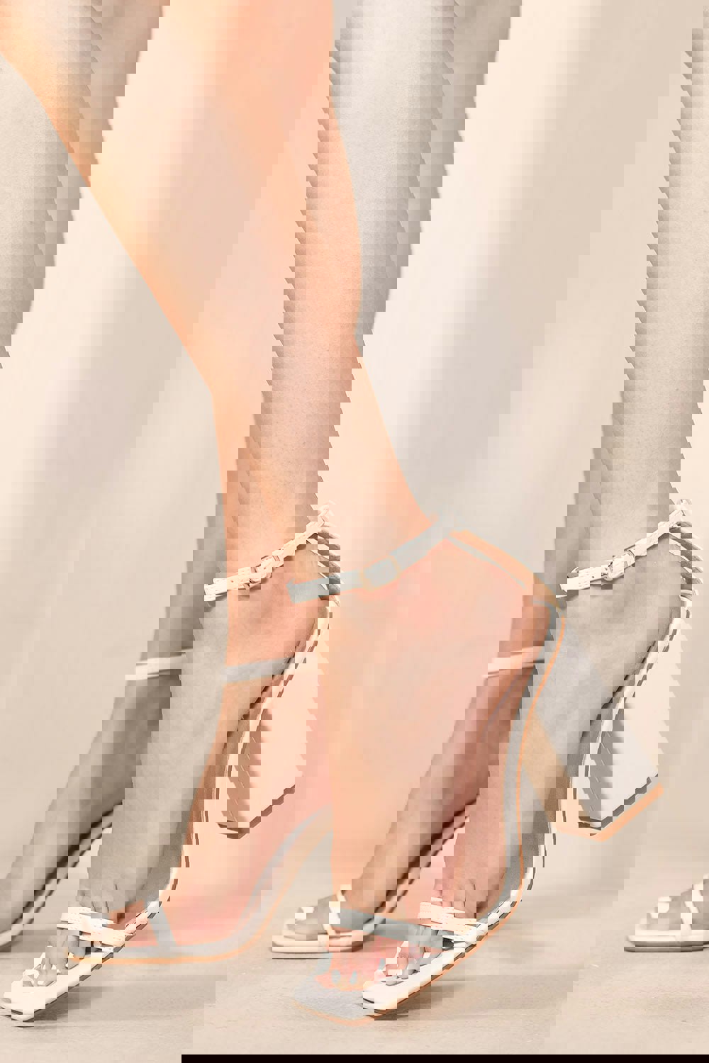 Where's That From Fallon Square Toe High Block Heel Sandals With Ankle Strap in White Faux Leather