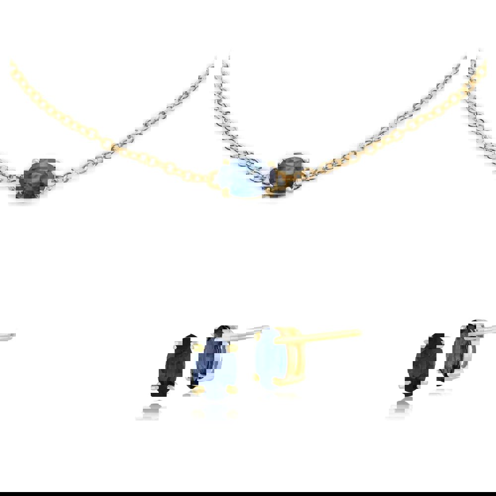 135E0918189-135L0220049 Classic Oval Light Blue Sapphire Single Stone Stud Earrings & Bracelet Set in 9ct Yellow Gold 1