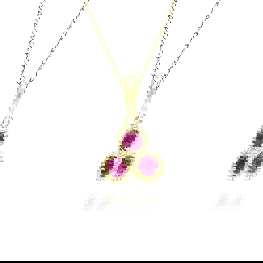 Gemondo Floral Ruby Three Stone Pendant Necklace in 9ct Yellow Gold