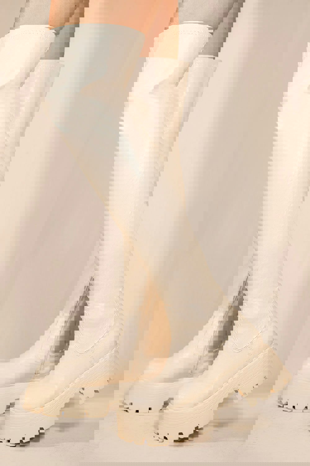 Where's That From Tilley Chunky Chelasea Calf High Boots With Side Zip in Ivory Cream Faux Leather