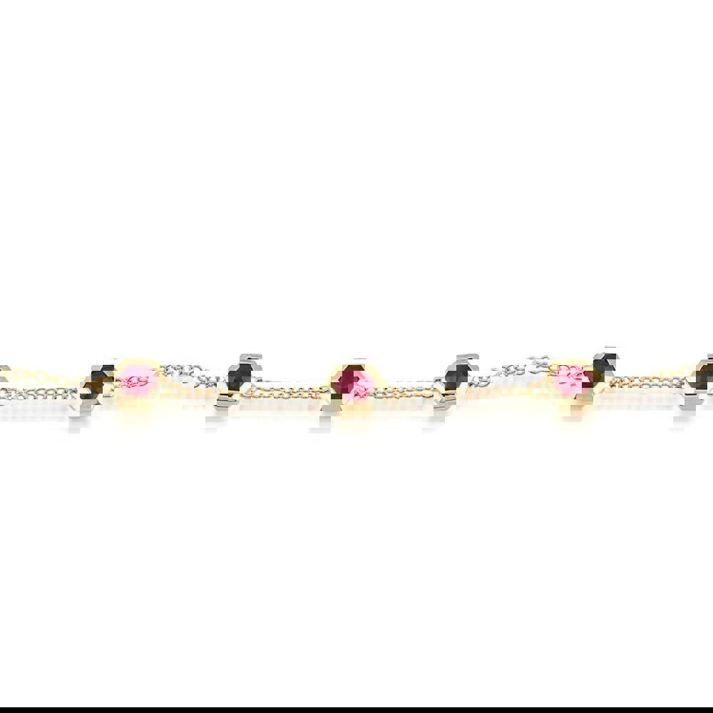 Geometric Hexagon Ruby Bezel Three Stone Bracelet in 9ct Gold