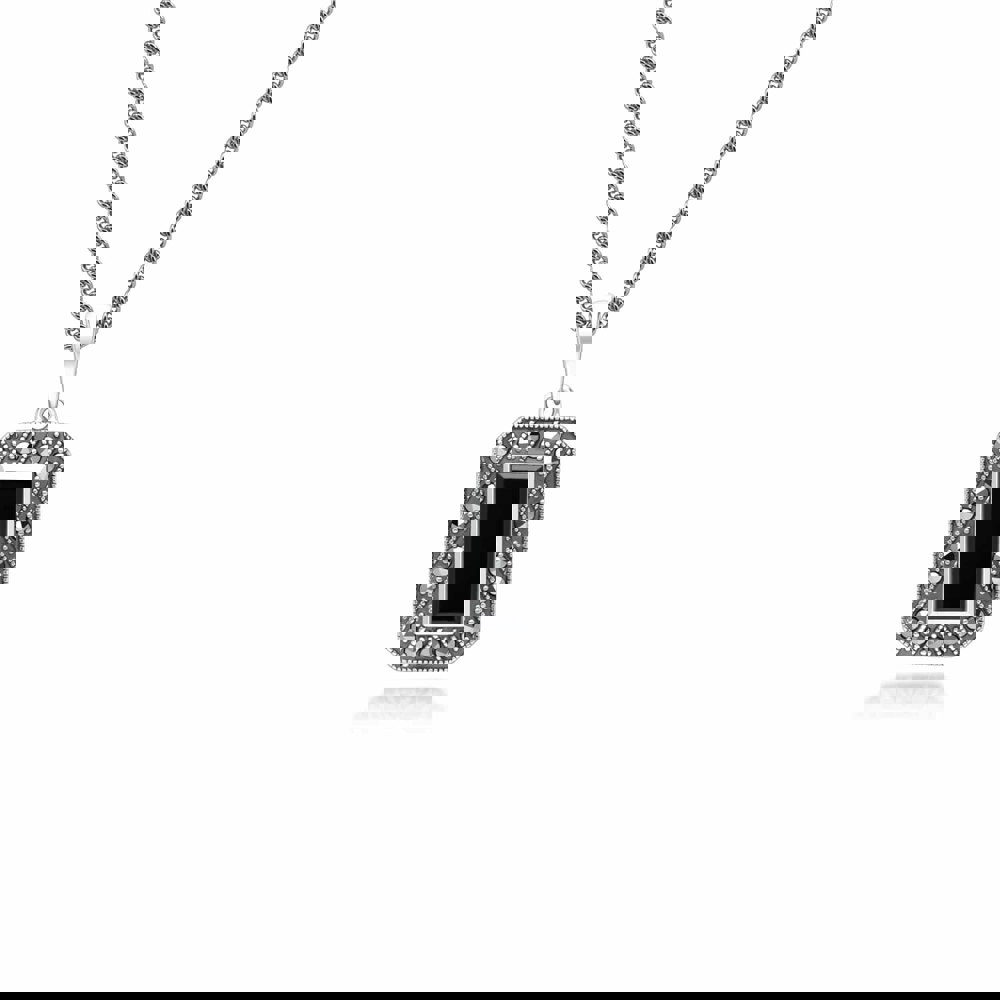 Art Deco Style Rectangle Onyx and Marcasite Pendant Necklace in Sterling Silver 214P334002925 