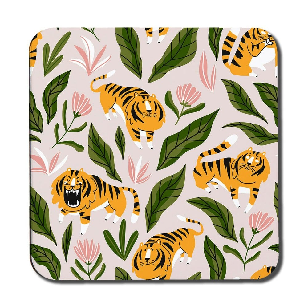 Benjamin Tate Design cute tigers and tropical leaves and flowers (Coaster)