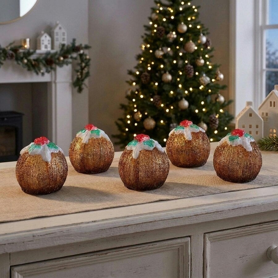 Garden Greatness Twinkling Illuminated Christmas Pudding Ornaments