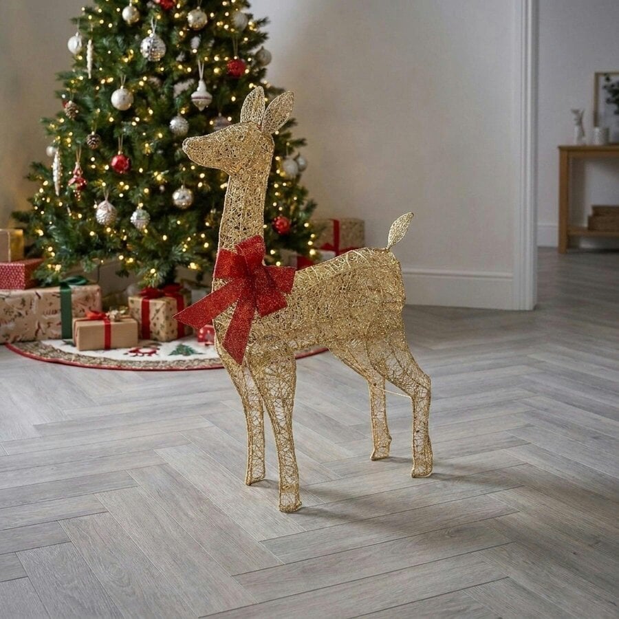 Garden Greatness Twinkling Lit Festive Fabric Doe with Red Bow