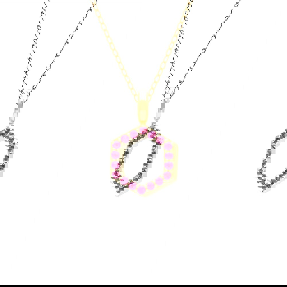 Geometric Hex ruby Pendant Necklace in 9ct Yellow Gold Front