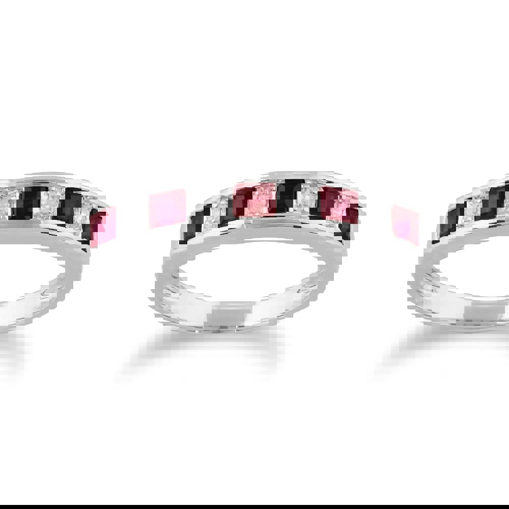 Classic Square Ruby & Diamond Half Eternity Ring 9ct White Gold