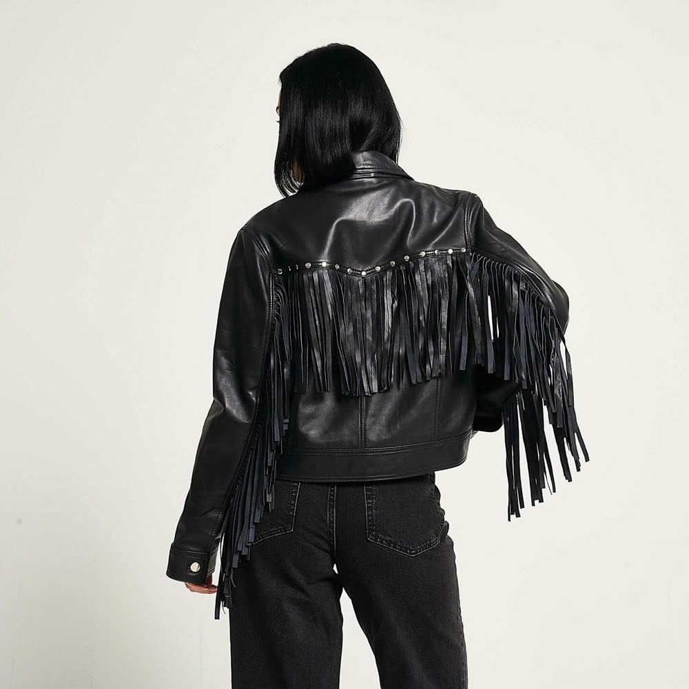 Barneys Originals Women's Leather Tassel Biker Jacket