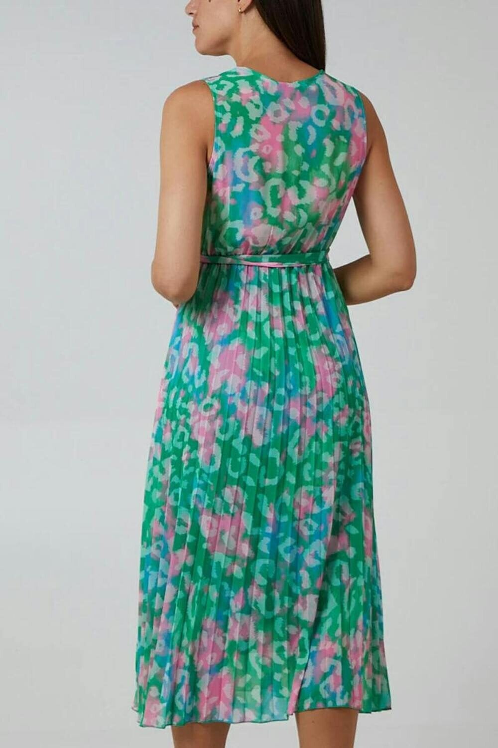 Hoxton Gal Wrap Front Multi Coloured Pink and Blue Leopard Print Maxi Dress with Pleat Details in Green
