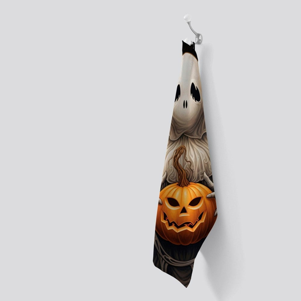 Warren Reed Spooky White Ghost Holding Pumpkin Tea Towel