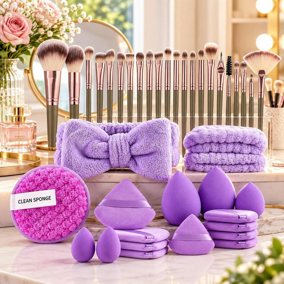 Dyzi Makeup Brush Set with Soft Brushes, Beauty Blenders & Puffs Gift Set