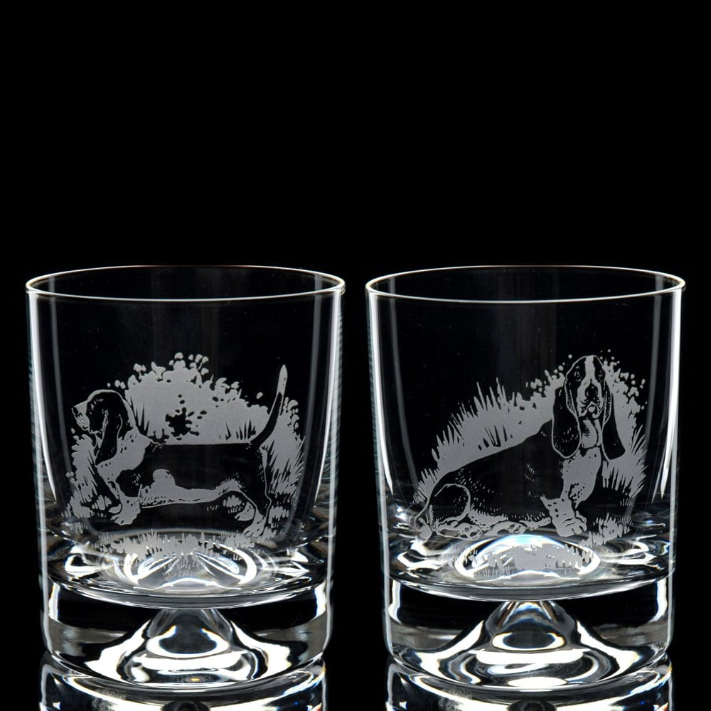 Glyptic Glass Art Basset Hound Dog Whiskey Tumbler Glass - Hand Etched/Engraved Gift