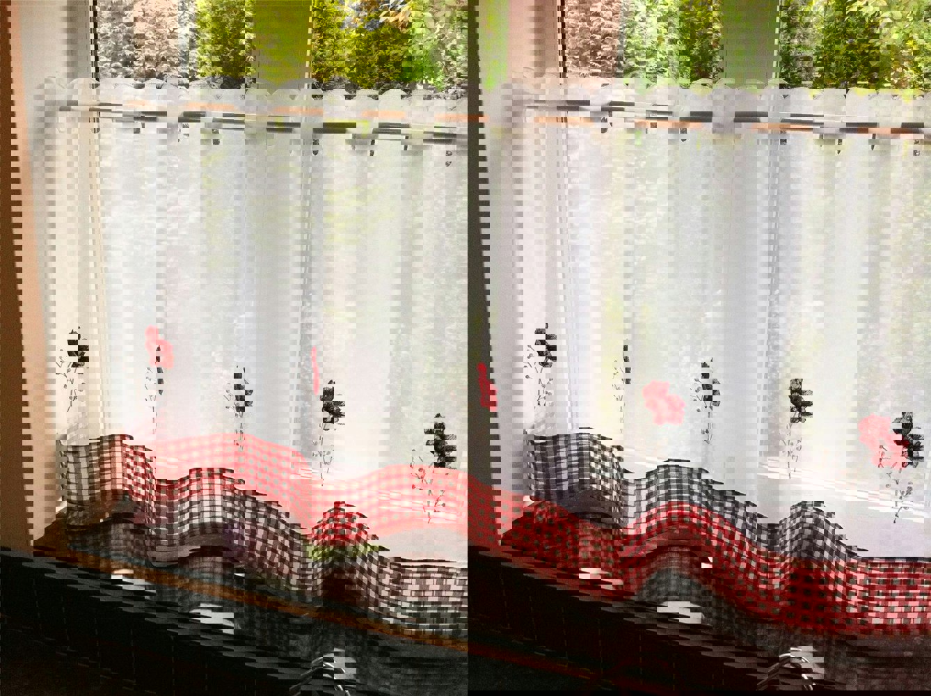 Alan Symonds Poppy Floral Checked Kitchen Voile Curtain Café Panels