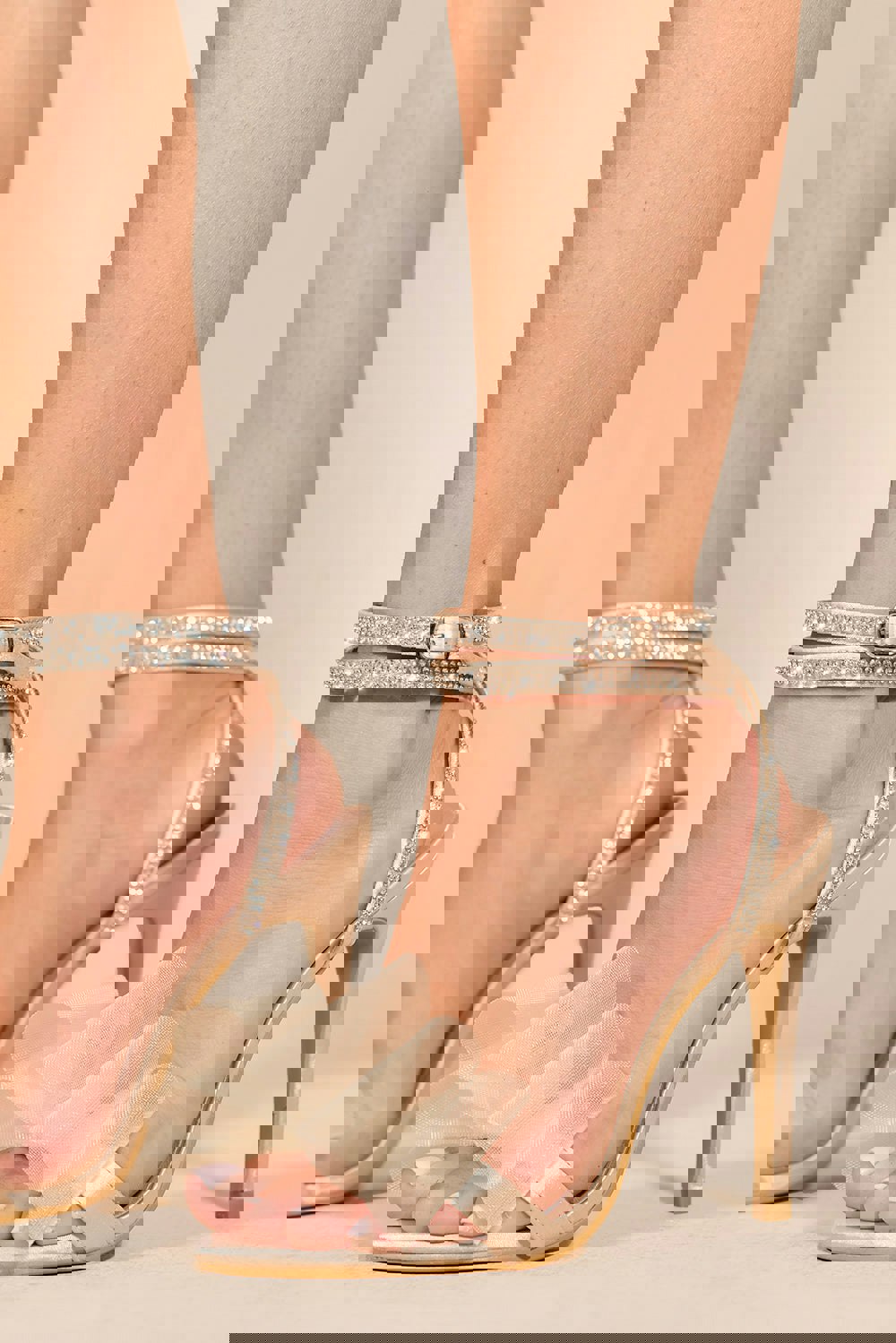 Where's That From Cosette Stiletto High Heel Sandals With Diamante Detail & Mesh Bow in Champagne Gold