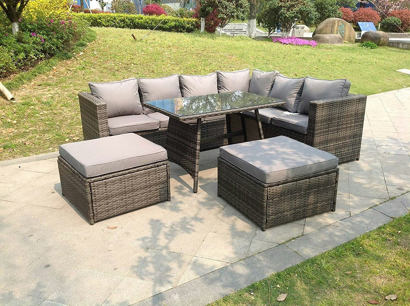Fimous 8 Seater Grey Rattan Corner Sofa Set Dining Table 2 Big Footstool Garden Furniture Outdoor With Clear Tempered Glass
