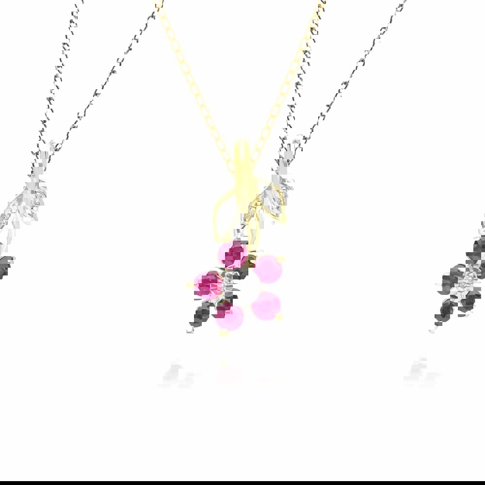 Gemondo Floral Ruby & Diamond Pendant Necklace in 9ct Yellow Gold