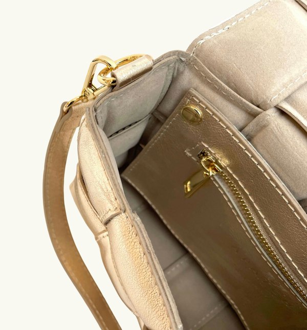 Apatchy London Padded Woven Leather Crossbody Bag with Gold Chain Strap - Gold