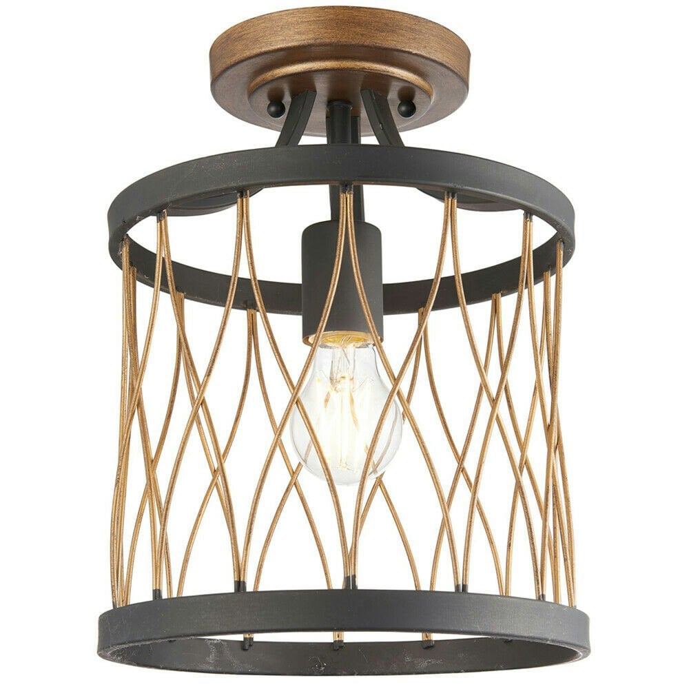 Flush Ceiling Mount Light Black & Bronze Round Rustic Vintage Metal Wire Lamp Loops